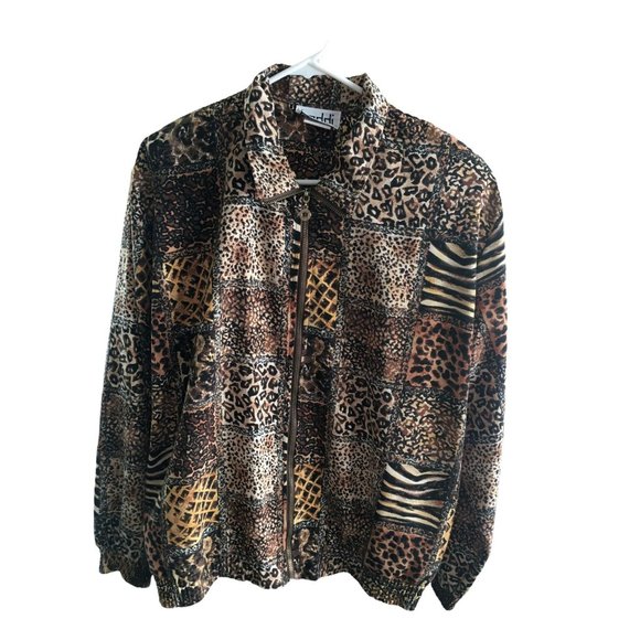 Teddi Lightweight Jacket Mixed Animal Print Brown Full Zip Fall Large 80s Style - Picture 2 of 9